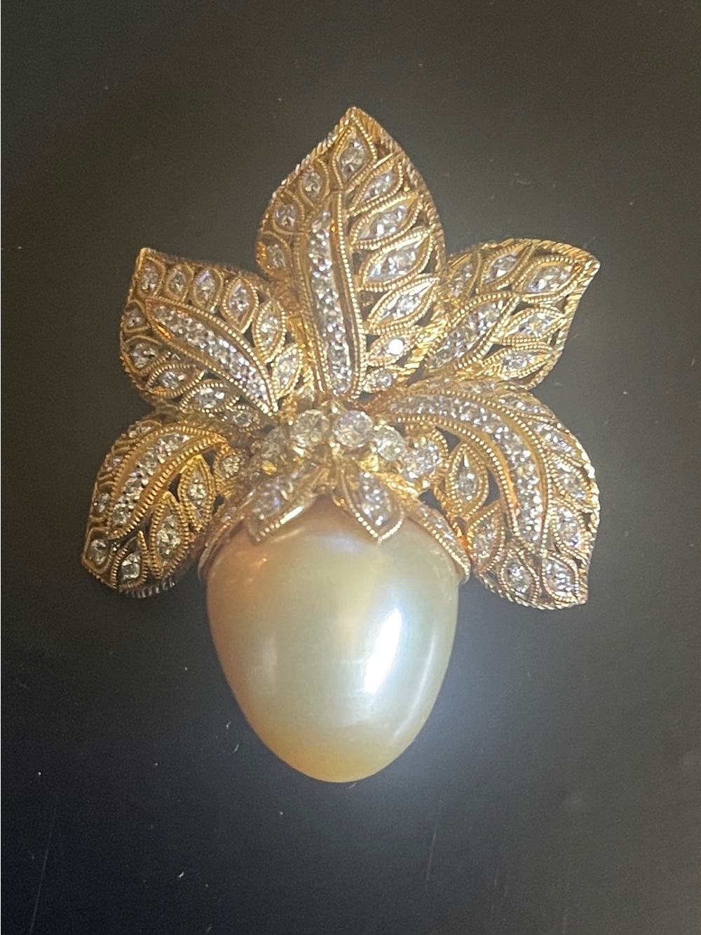 18 KT Gold Diamond set Leaves & Pearl Drop Brooch - Elegant Women Jewelry